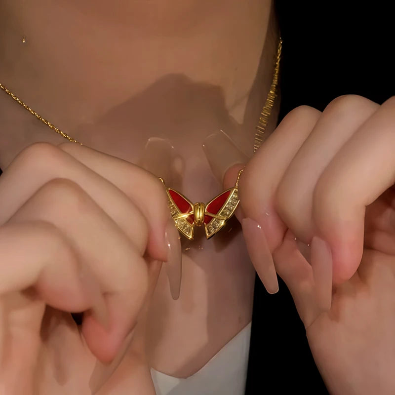 14K Gold-Plated Magnetic Red Butterfly Necklace - beautiful Red Butterfly Necklace
