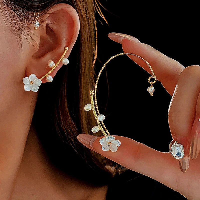 14K Gold-plated Flower Pearl Ear Cuffs ( 1 Pair ) - elegant Pearl Ear Cuffs