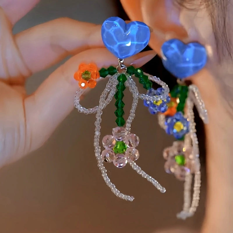14K Gold-Plated Elegant Blue Crystal Heart Bow Beaded Tassel Earrings - elegant Beaded Tassel Earrings