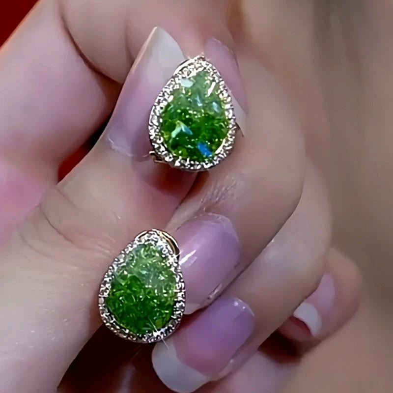 14K Gold-Plated Elegant Green Crystal Water Drop Earrings - elegant Green Crystal Earrings