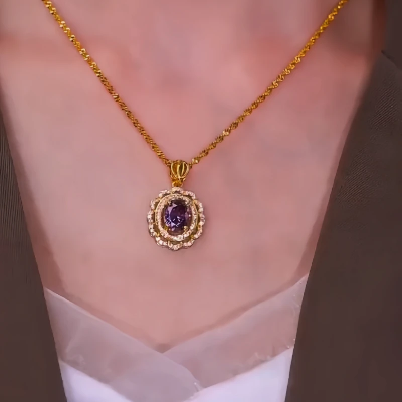 14K Gold-Plated Elegant Purple Zircon Diamond Pendant Necklace - beautiful Purple Zircon Pendant Necklace
