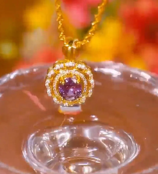 14K Gold-Plated Elegant Purple Zircon Diamond Pendant Necklace worn to showcase its length and pendant detail