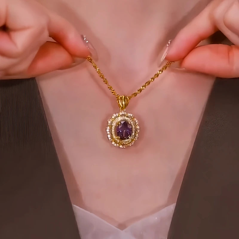 Close-up of the pendant and clasp on the Purple Zircon Pendant Necklace