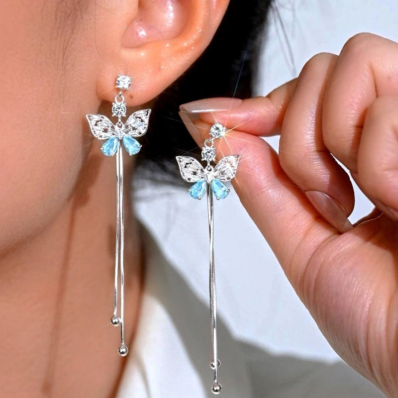 14K Gold-Plated Elegant Zircon Butterlfy Tassel Earrings - elegant Blue Butterfly Tassel Earrings