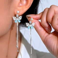 14K Gold-Plated Elegant Zircon Butterlfy Tassel Earrings - elegant Blue Butterfly Tassel Earrings