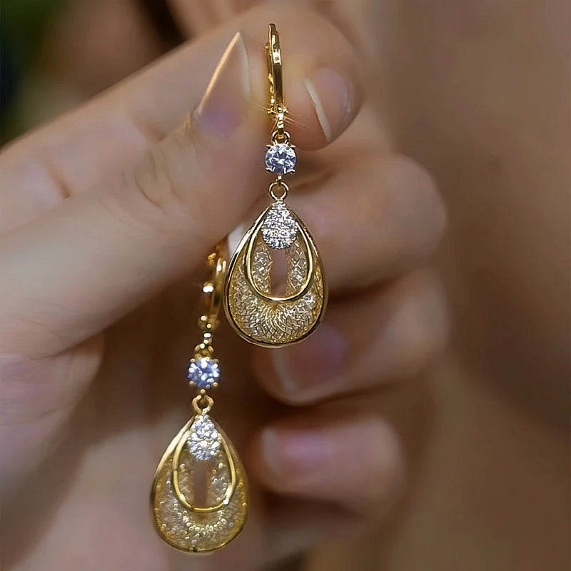 14K Gold-Plated Elegant Zircon Diamond Mesh Water Drop Earrings - elegant Teardrop Earrings