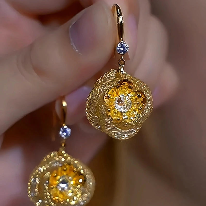 14K Gold-Plated Luxury Diamond Mesh Rose Ear Hook Earrings - elegant Rose Ear Hook