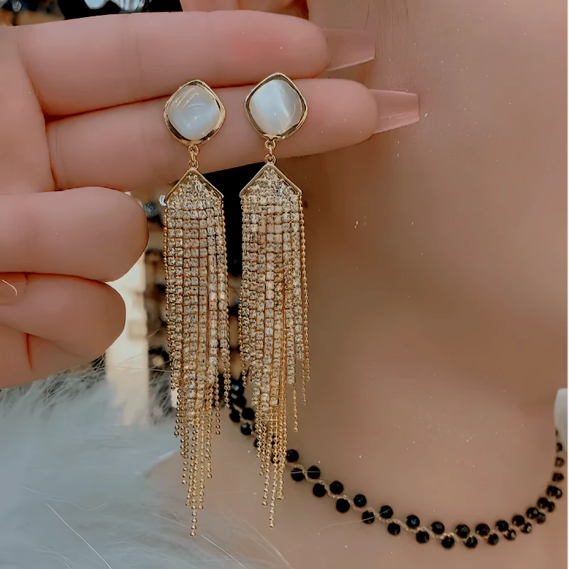14K Gold-Plated Elegant Zircon Tassel Earrings - elegant Geometric Tassel Earrings