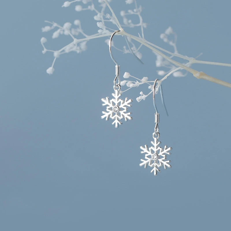 Angled view of the Sterling Silver Christmas Diamond Snowflake Ear Hook Earrings