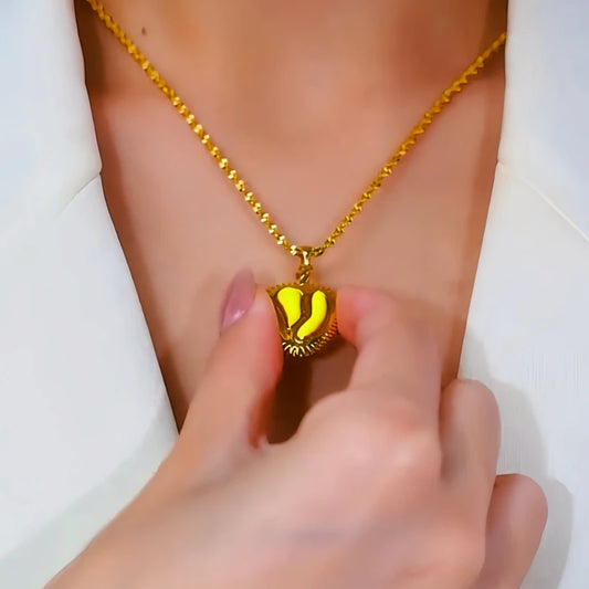 14K Gold-Plated Durian Pendant Necklace worn to showcase its length and pendant detail