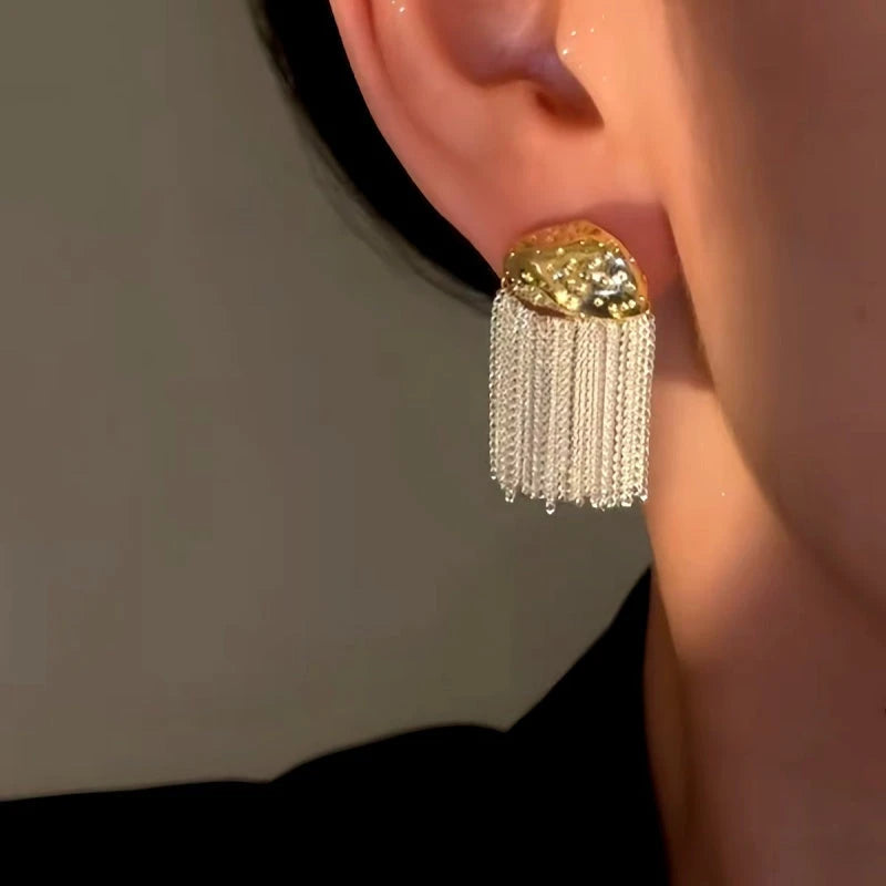 Close-up detail of the sparkling zircons and plating on the Decorative Tassel Earrings