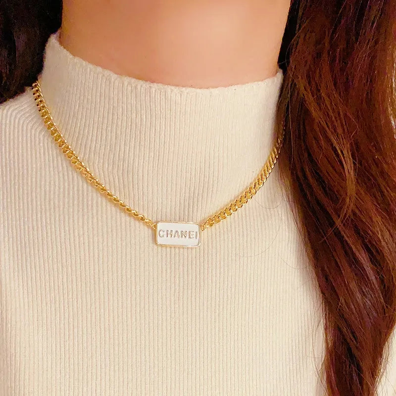 14K Gold-Plated Elegant Letter Square Necklace worn to showcase its length and pendant detail