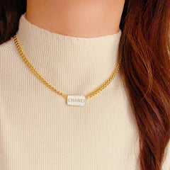 14K Gold-Plated Elegant Letter Square Necklace worn to showcase its length and pendant detail