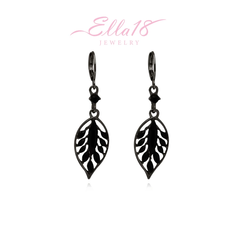Angled view of the 14K Gold-Pated Black Zircon Leaf Tassel Earrings