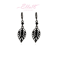 Angled view of the 14K Gold-Pated Black Zircon Leaf Tassel Earrings