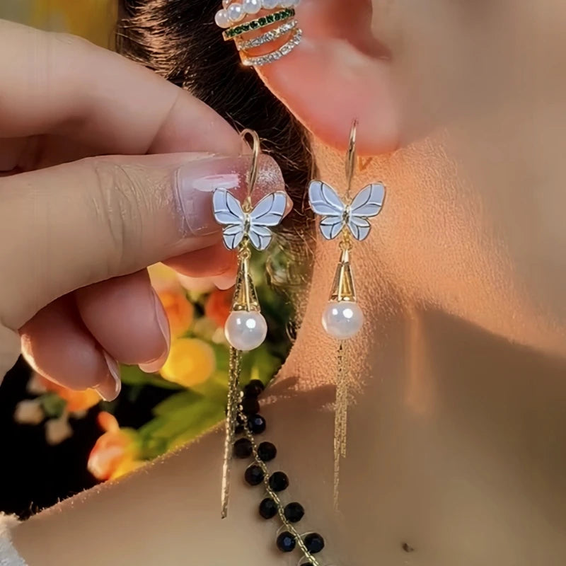 14K Gold-Pated Butterfly Pearl Ear Hooks - elegant gold butterfly earrings