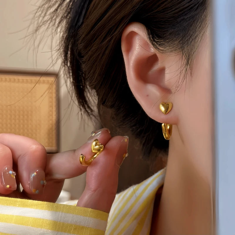 14K Gold-Pated Heart-Design Jacket Earrings - elegant gold heart earrings