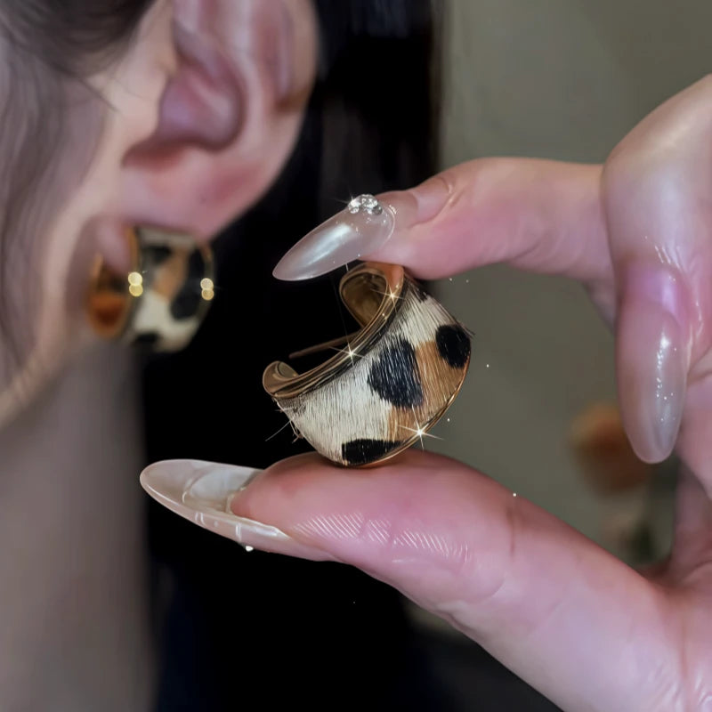 14K Gold-Pated Leopard Print C-Shaped Hoop Earrings - elegant leopard print earrings