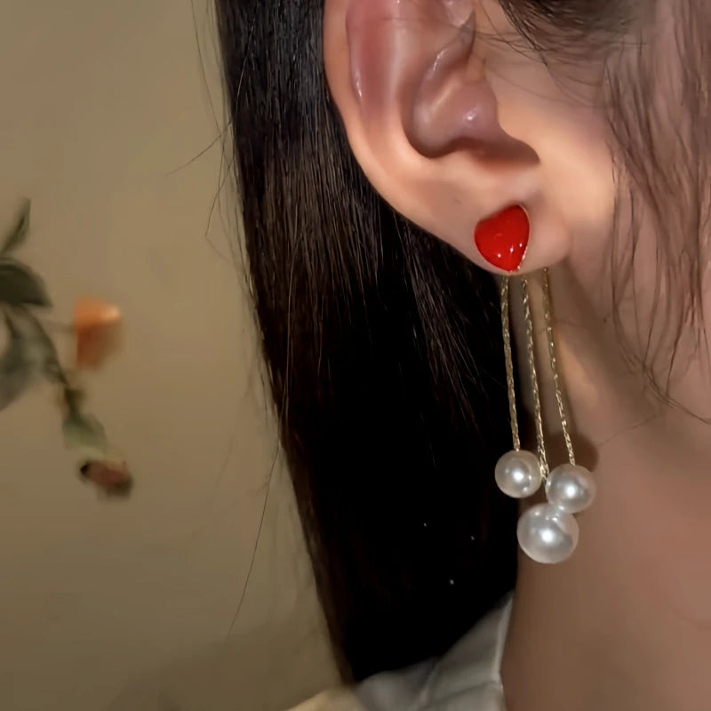 14K Gold-Pated Red Heart Bead Tassel Earrings - elegant red heart earrings