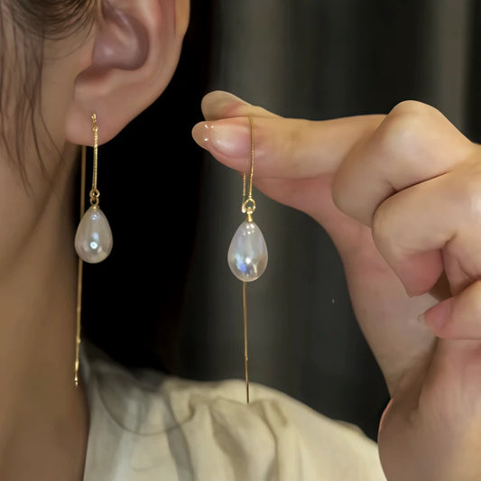 14K Gold-Pated Water Drop Pearl Threader Earrings - elegant gold threader earrings