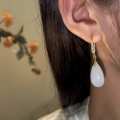 14K Gold-Pated Zircon White Jade Drop Earrings - elegant gold drop earrings