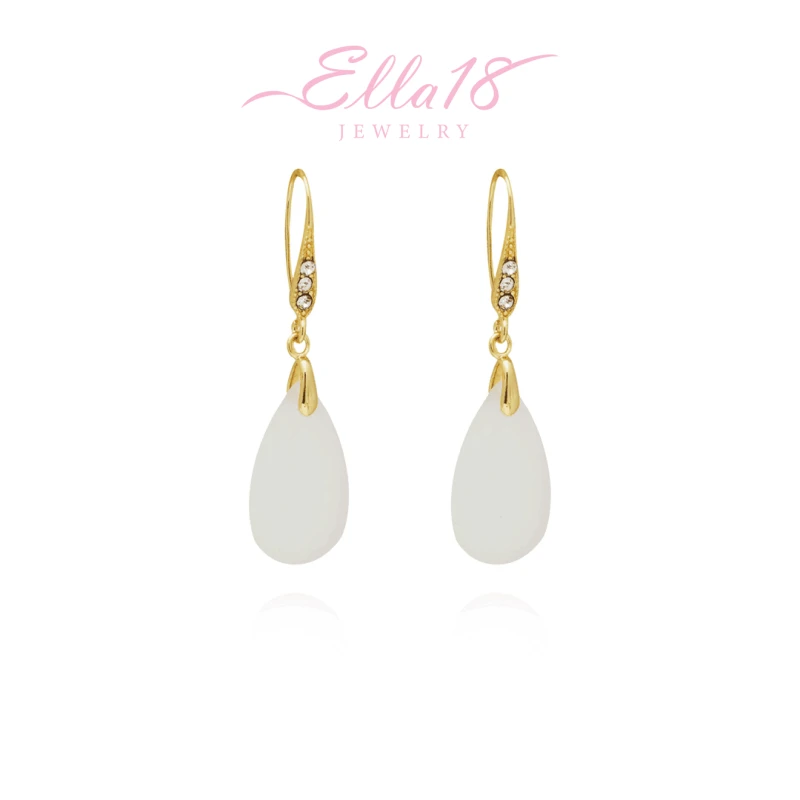 Angled view of the 14K Gold-Pated Zircon White Jade Drop Earrings