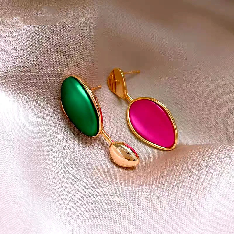 Angled view of the 14K Gold-Plated 2025 Elegant Asymmetrical Contrast Color Earrings