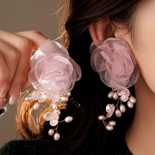 14K Gold-Plated 2025 Elegant Mesh Flower Pearl Tassel Earrings - elegant gold tassel earrings