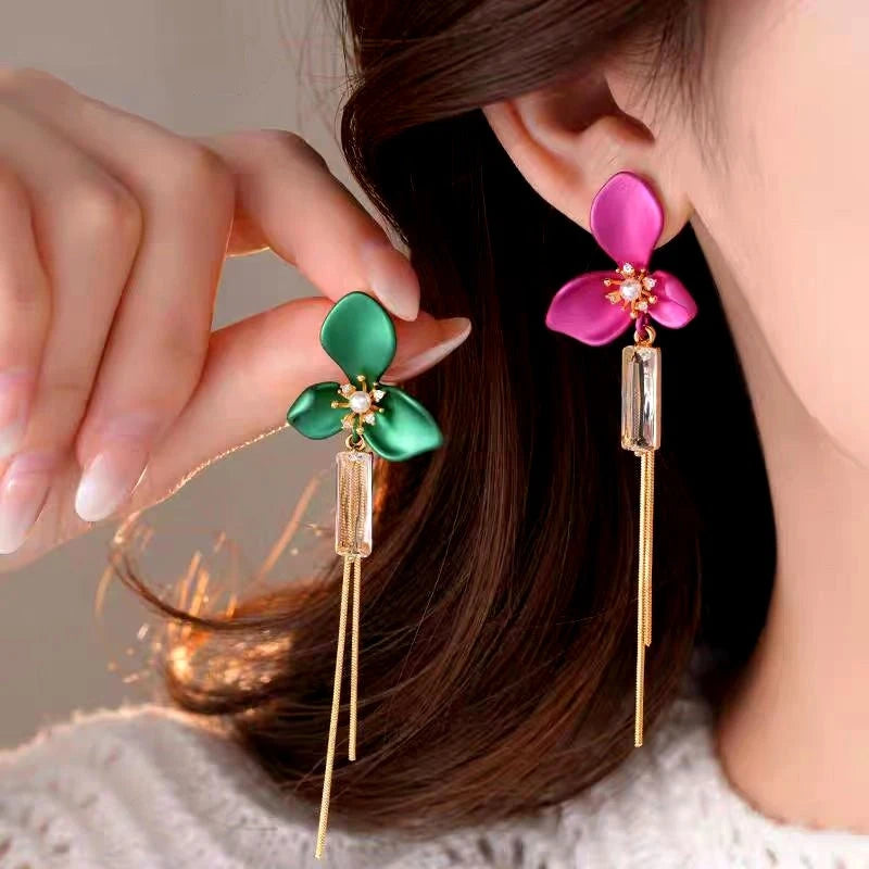 14K Gold-Plated 2025 Elegant Zircon Diamond Flower Tassel Earrings - elegant gold tassel earrings