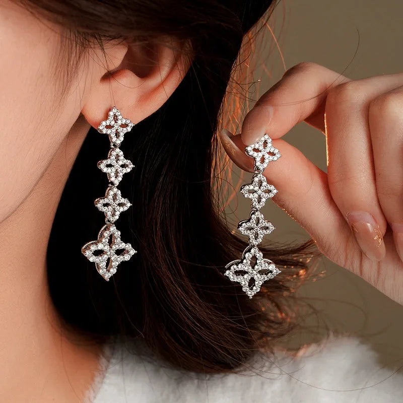 14K Gold-Plated 2025 Elegant Zircon Flower Tassel Earrings - elegant silver tassel earrings