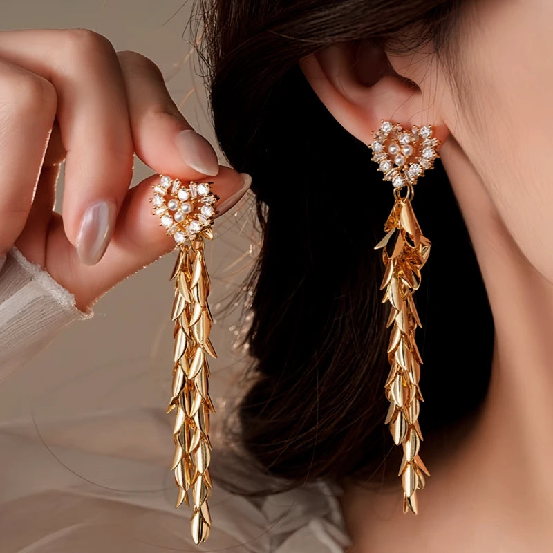 14K Gold-Plated 2025 Elegant Zircon Pearl Heart Wheat Tassel Earrings - elegant gold tassel earrings