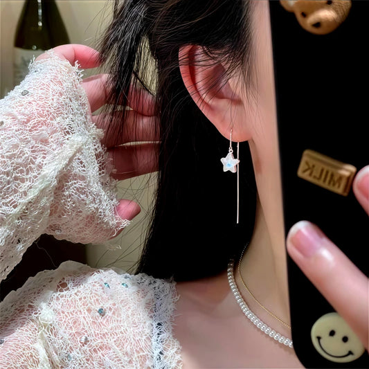 Model showcasing the dangle and style of the 14K Gold-Plated 2025 Hot-Selling Star Threader Earrings