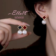 14K Gold-Plated 2025 New Luxury Four-Leaf Flower Pearl Jacket Earrings - elegant clover earrings