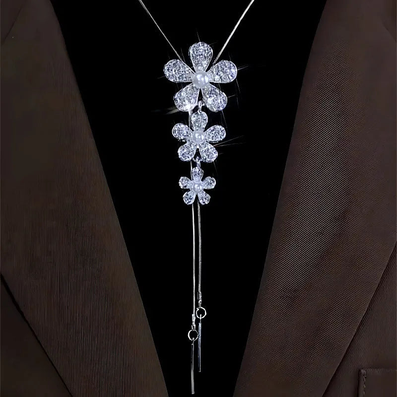 14K Gold-Plated Adjustable Flower Sweater Chain Necklace - beautiful silver flower necklace