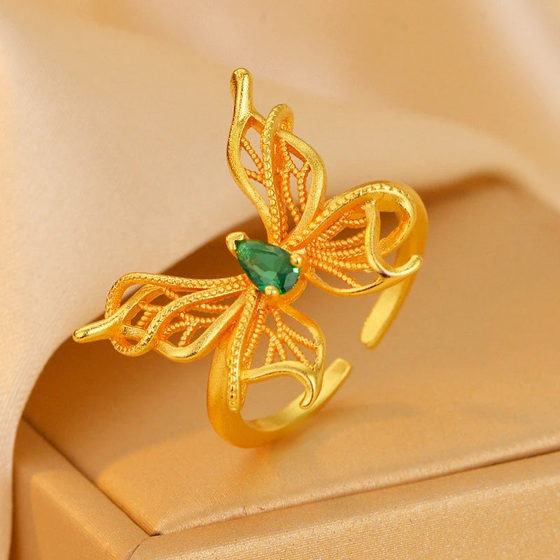 14K Gold-Plated Adjustable Green Diamond Hollow Filigree Butterfly Rings - stunning gold butterfly ring