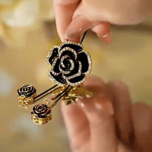 14K Gold-Plated Adjustable Rose Sweater Chain Necklace worn to showcase its length and pendant detail