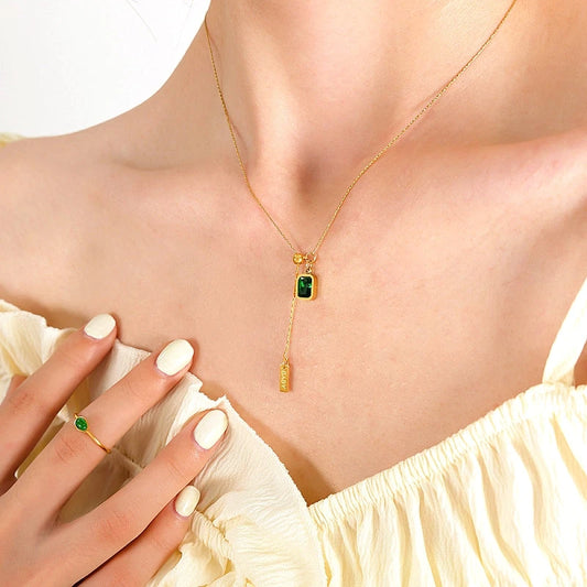 14K Gold-Plated Adjustable Square Crystal Necklaces worn to showcase its length and pendant detail