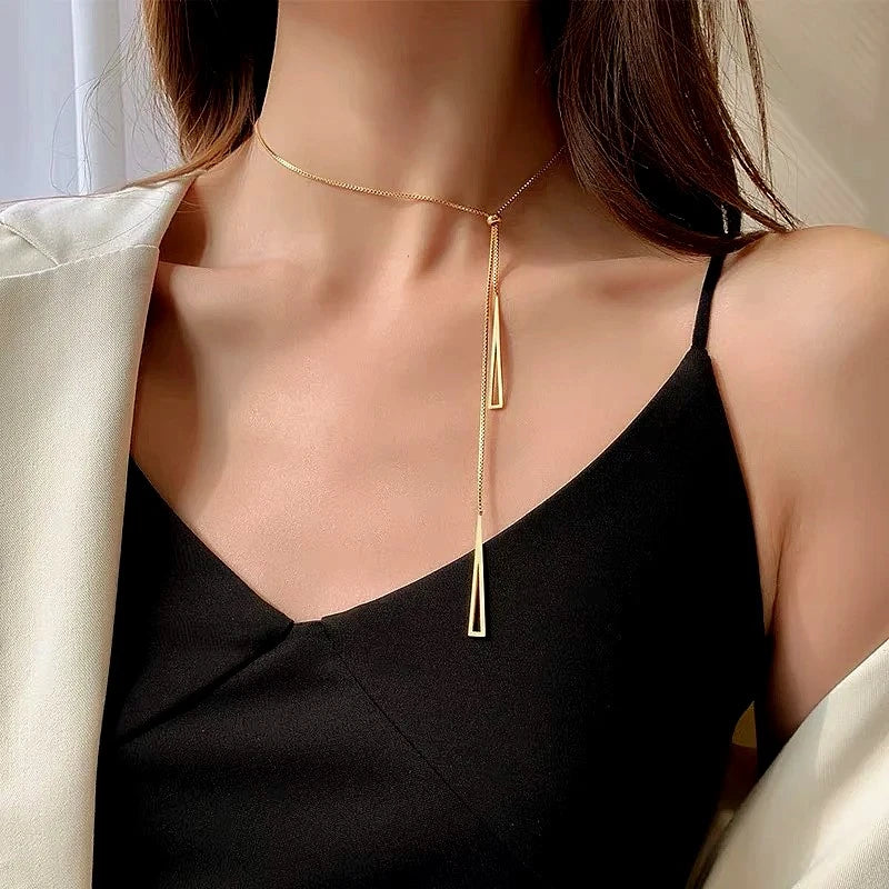 14K Gold-Plated Adjustable Triangle Necklace worn to showcase its length and pendant detail