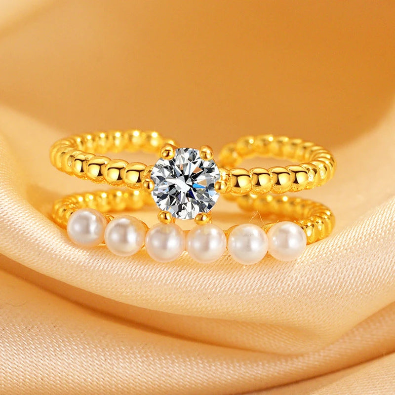 14K Gold-Plated Adjustable Zircon Diamond Pearl Rings - stunning gold pearl ring