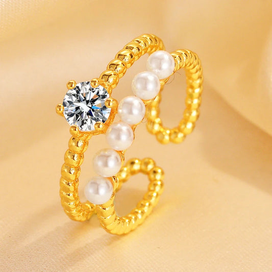 14K Gold-Plated Adjustable Zircon Diamond Pearl Rings worn on the hand to show its beautiful fit and design