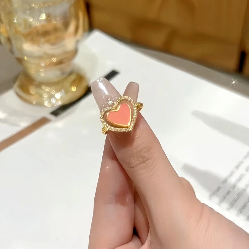 14K Gold-Plated Adjustable Zircon Diamond Pink Heart Rings worn on the hand to show its beautiful fit and design