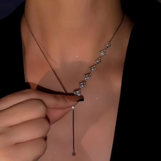 14K Gold-Plated Adjustable Zircon Four-Leaf Necklace worn to showcase its length and pendant detail