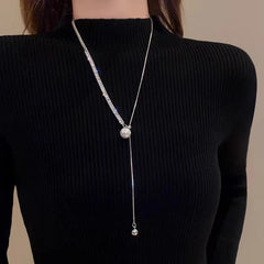 14K Gold-Plated Adjustable Zircon Pearl Necklace worn to showcase its length and pendant detail