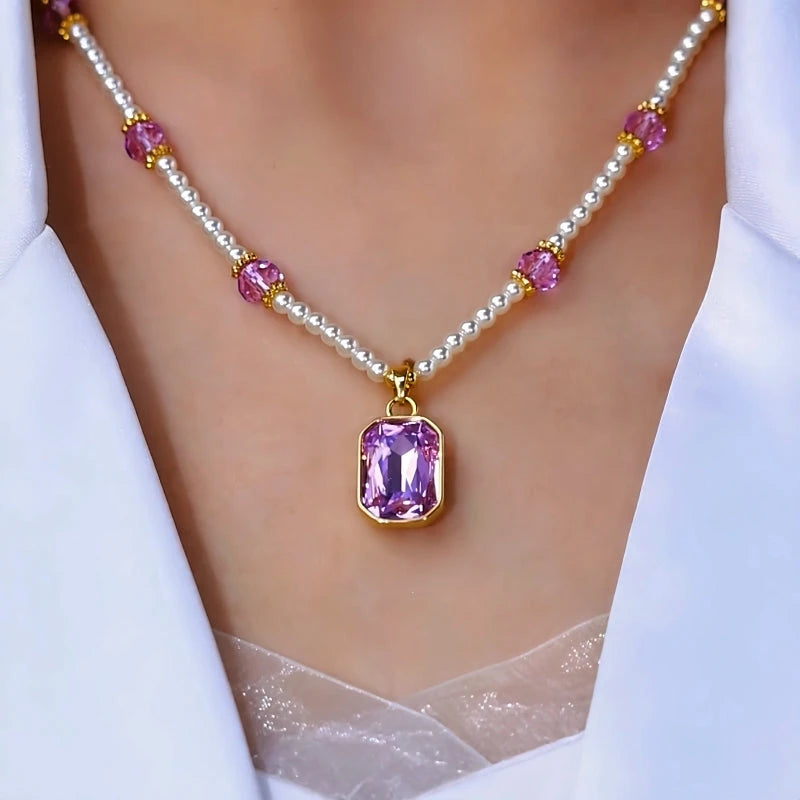 14K Gold-Plated Amethyst Bead Purple Diamond Necklace worn to showcase its length and pendant detail