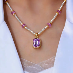 14K Gold-Plated Amethyst Bead Purple Diamond Necklace worn to showcase its length and pendant detail