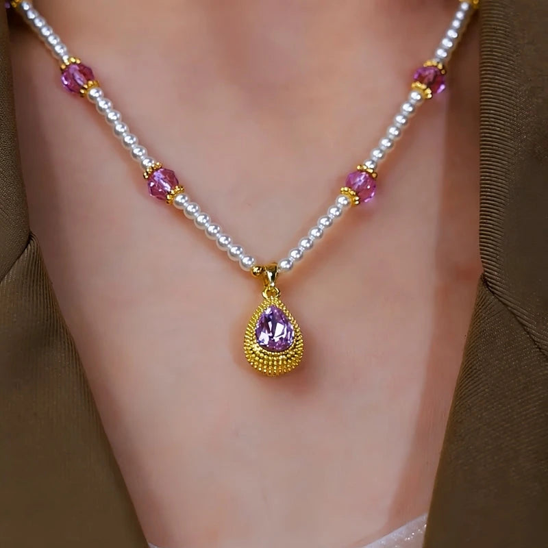 14K Gold-Plated Amethyst Pearl Necklace worn to showcase its length and pendant detail