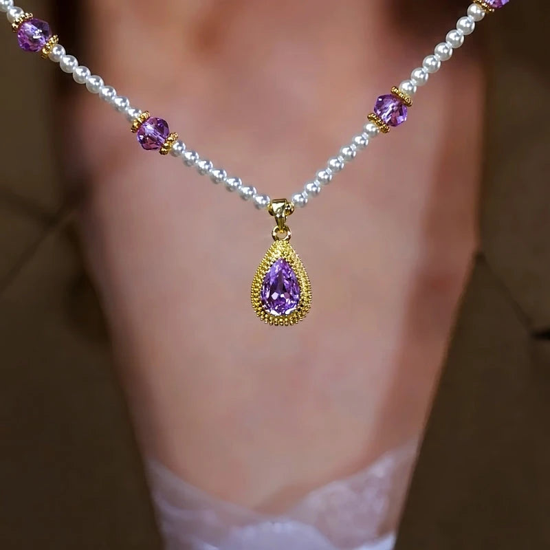 14K Gold-Plated Amethyst Pearl Necklace - beautiful amethyst pearl necklace