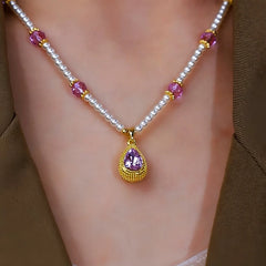 14K Gold-Plated Amethyst Pearl Necklace worn to showcase its length and pendant detail