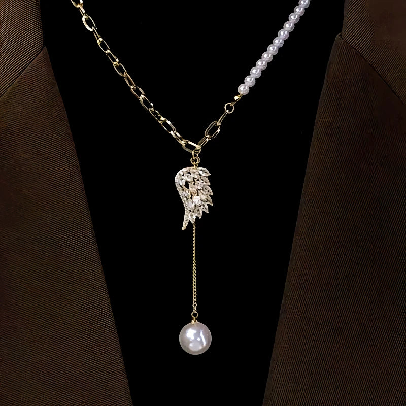 14K Gold-Plated Angel Wing Zircon Pearl Tassel Sweater Necklace - beautiful angel wing necklace