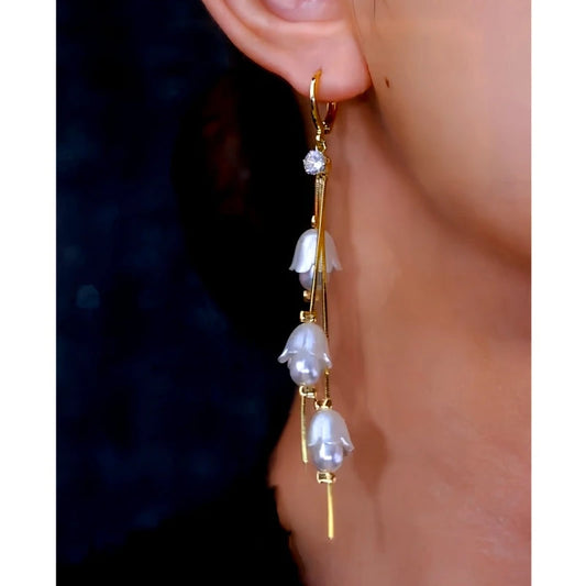 14K Gold-Plated Artificial Crystal Bluebell Flower Tassel Earrings - elegant gold flower earrings